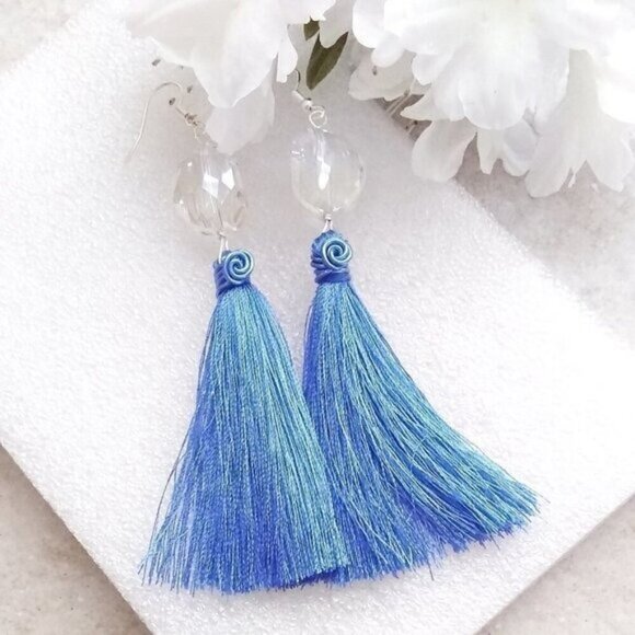 Shoulder Dusters! Extra Long Dangle Earrings - Faceted Clear Crystal + Tassels - Picture 2 of 7